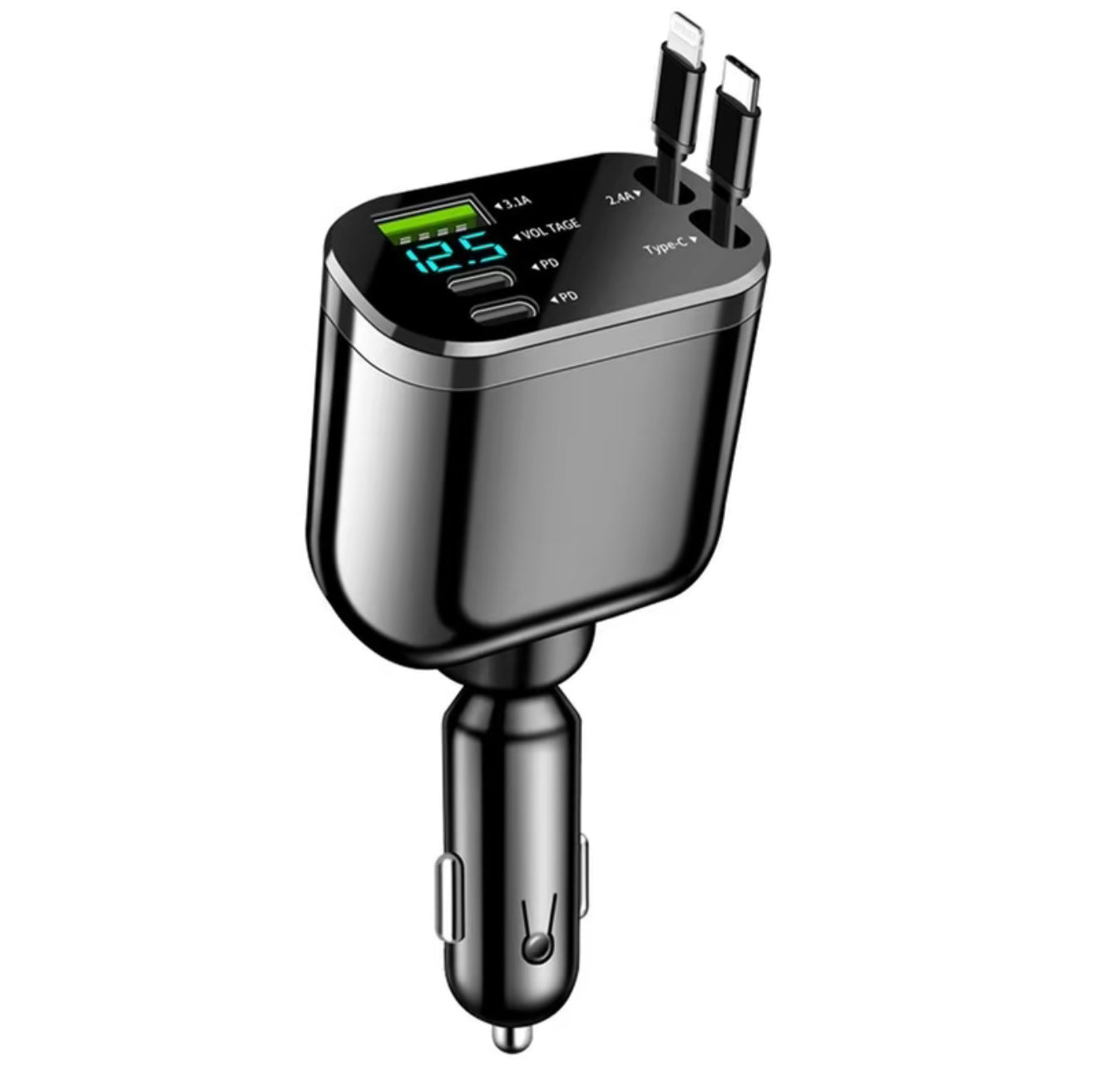 5 IN 1 With Retractable Car Charger USB Type C Cable Voltage Display RGB Light For IPhone Android Phone Fast Charger