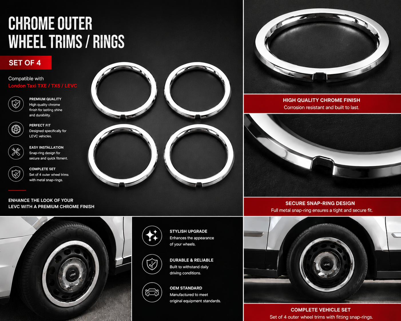 LEVC TXE VN5 VAN LONDON TAXI CHROME OUTER WHEEL TRIMS SET OF 4