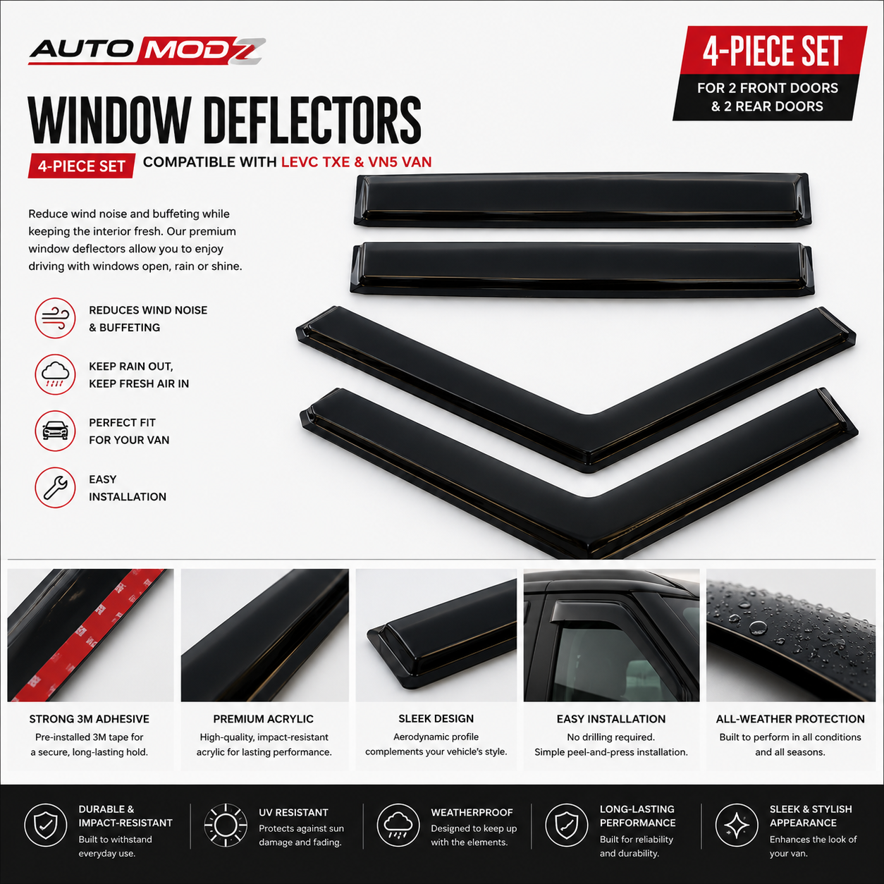 LEVC TXE VN5 VAN LONDON TAXI WIND DEFLECTORS / WINDOW VISOR SET OF 2 OR 4