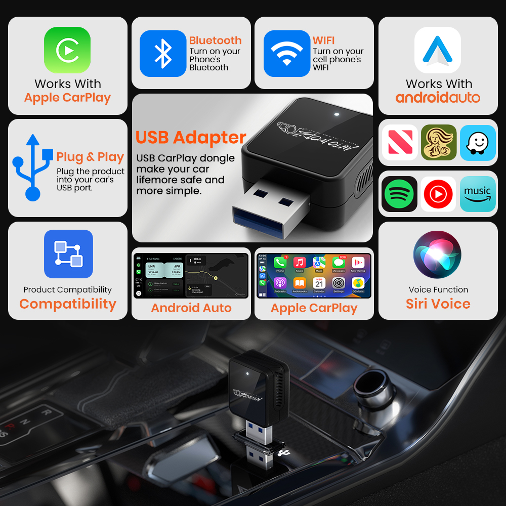 Wired to Wireless Bluetooth WiFi Carplay & Android Auto Adapter