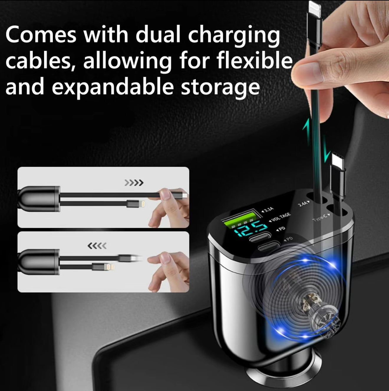 5 IN 1 With Retractable Car Charger USB Type C Cable Voltage Display RGB Light For IPhone Android Phone Fast Charger