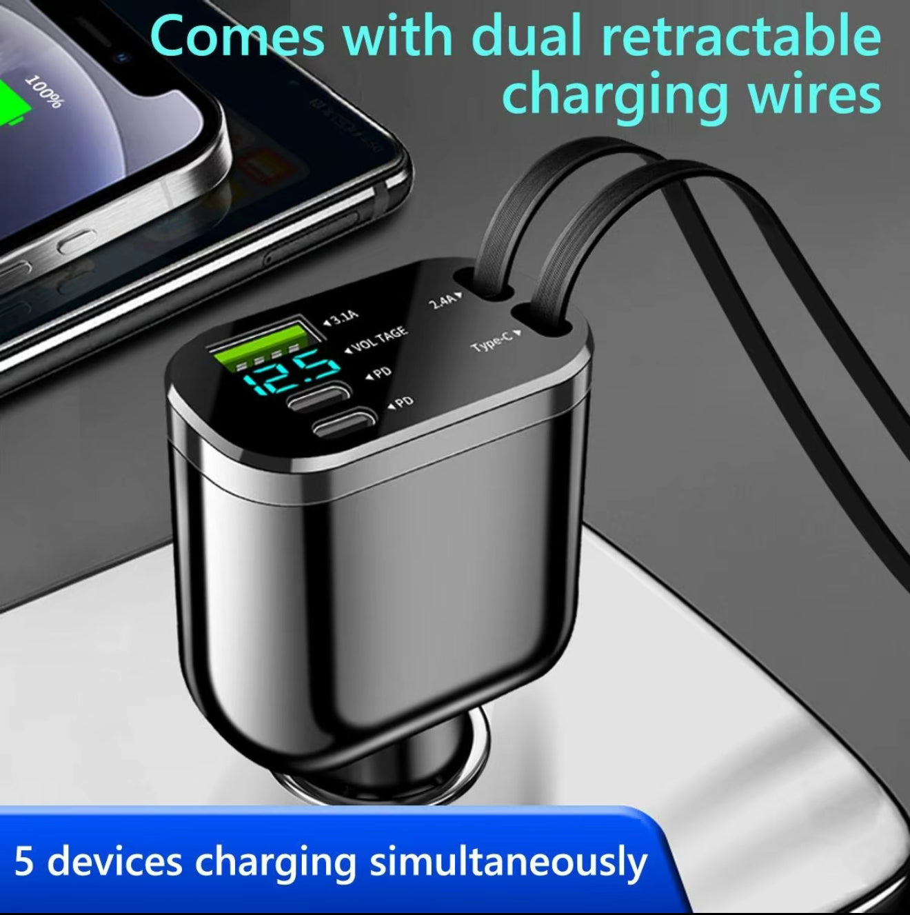 5 IN 1 With Retractable Car Charger USB Type C Cable Voltage Display RGB Light For IPhone Android Phone Fast Charger