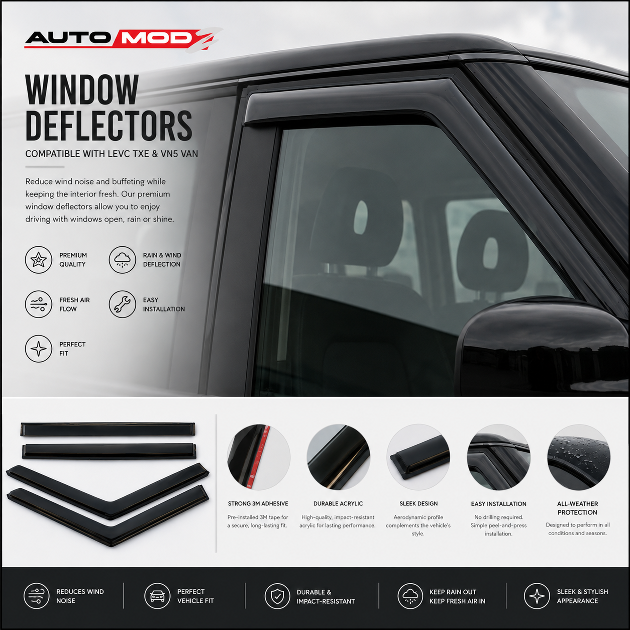 LEVC TXE VN5 VAN LONDON TAXI WIND DEFLECTORS / WINDOW VISOR SET OF 2 OR 4