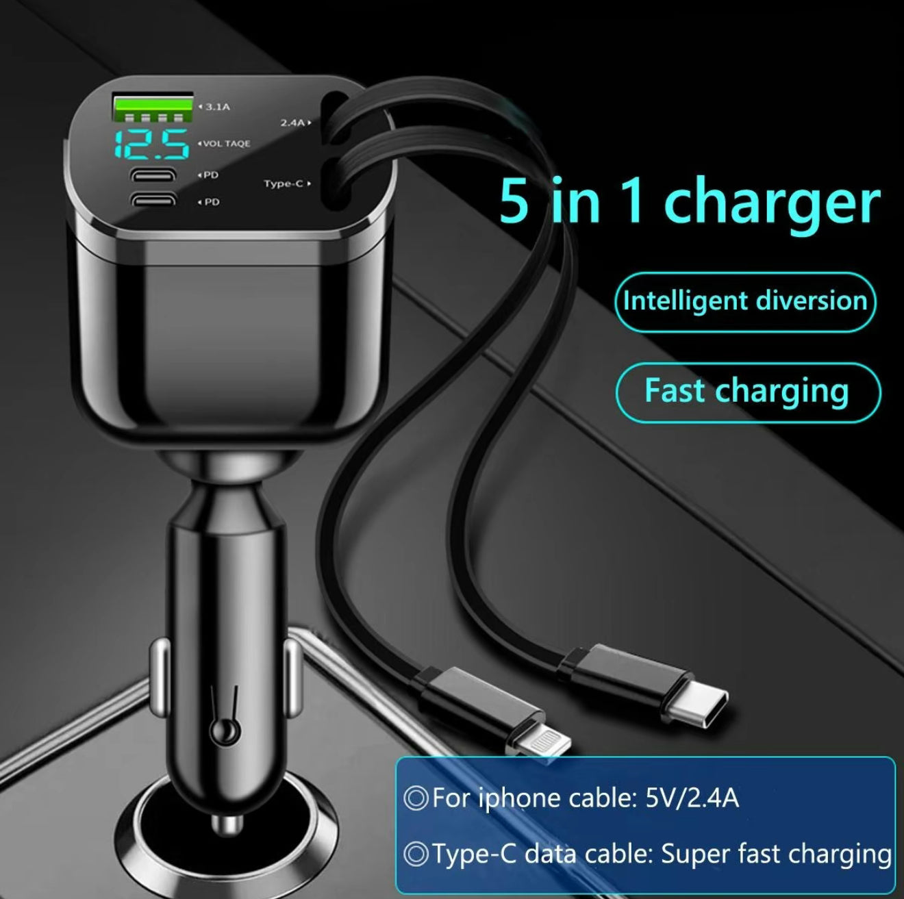 5 IN 1 With Retractable Car Charger USB Type C Cable Voltage Display RGB Light For IPhone Android Phone Fast Charger