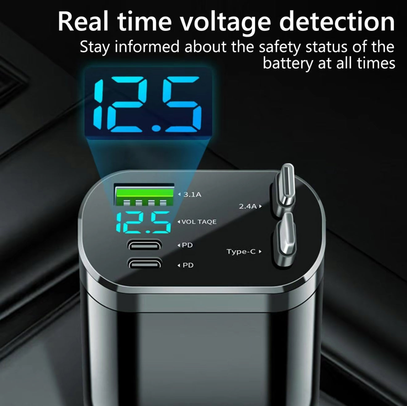 5 IN 1 With Retractable Car Charger USB Type C Cable Voltage Display RGB Light For IPhone Android Phone Fast Charger