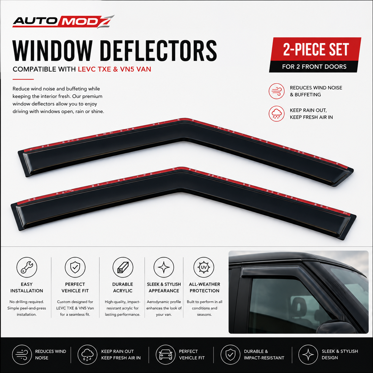 LEVC TXE VN5 VAN LONDON TAXI WIND DEFLECTORS / WINDOW VISOR SET OF 2 OR 4